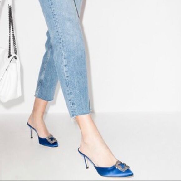 Manolo Blahnik Satin Blue Mules with Crystal Accent - Picture 2 of 13